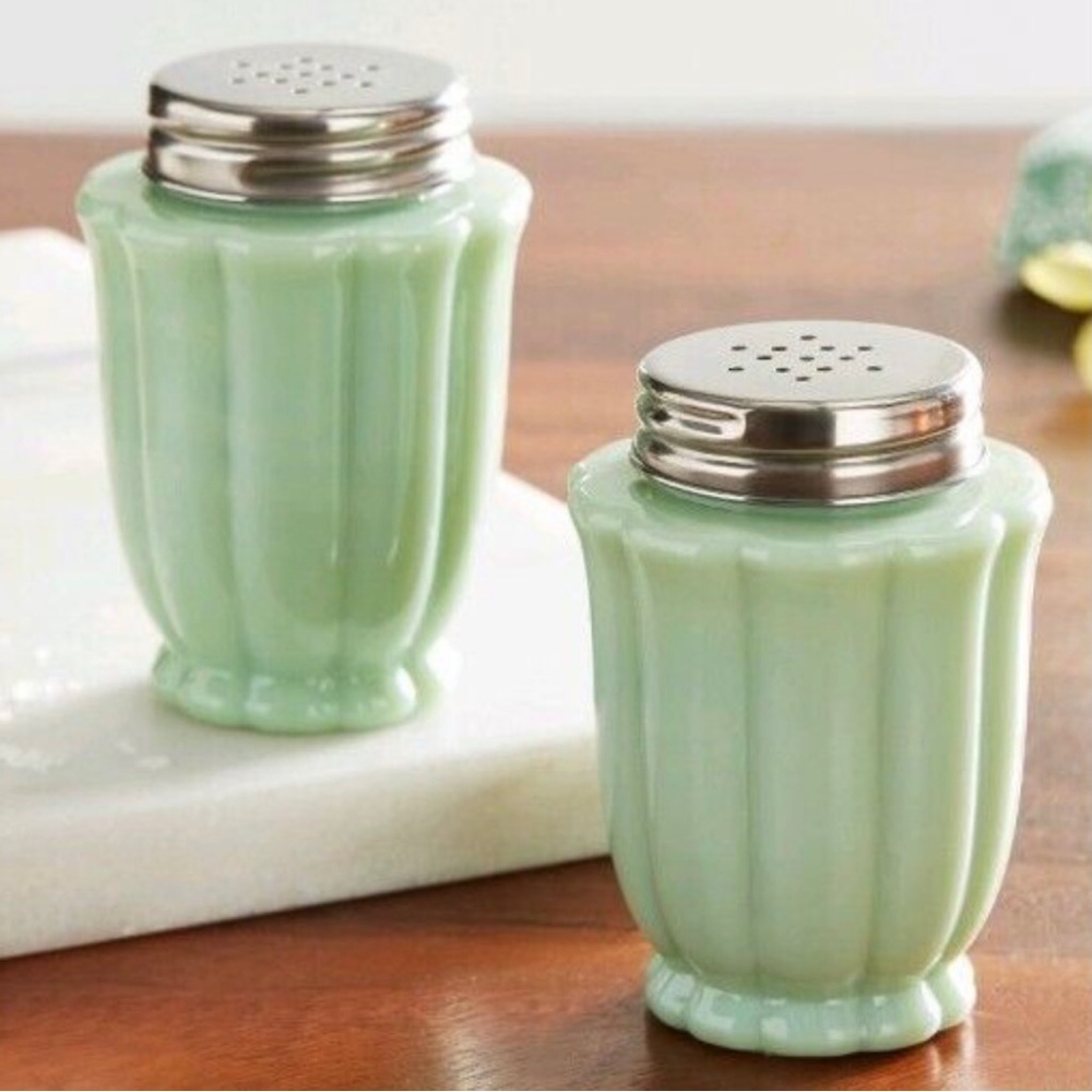 Pioneer Woman Salt and Pepper Shakers in Jade color Milk Glass